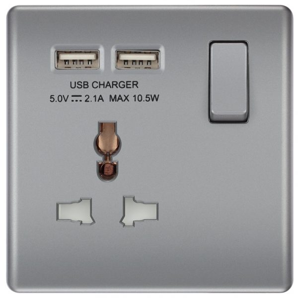 13A Universal Switched Socket with Dual USB Grey Colour
